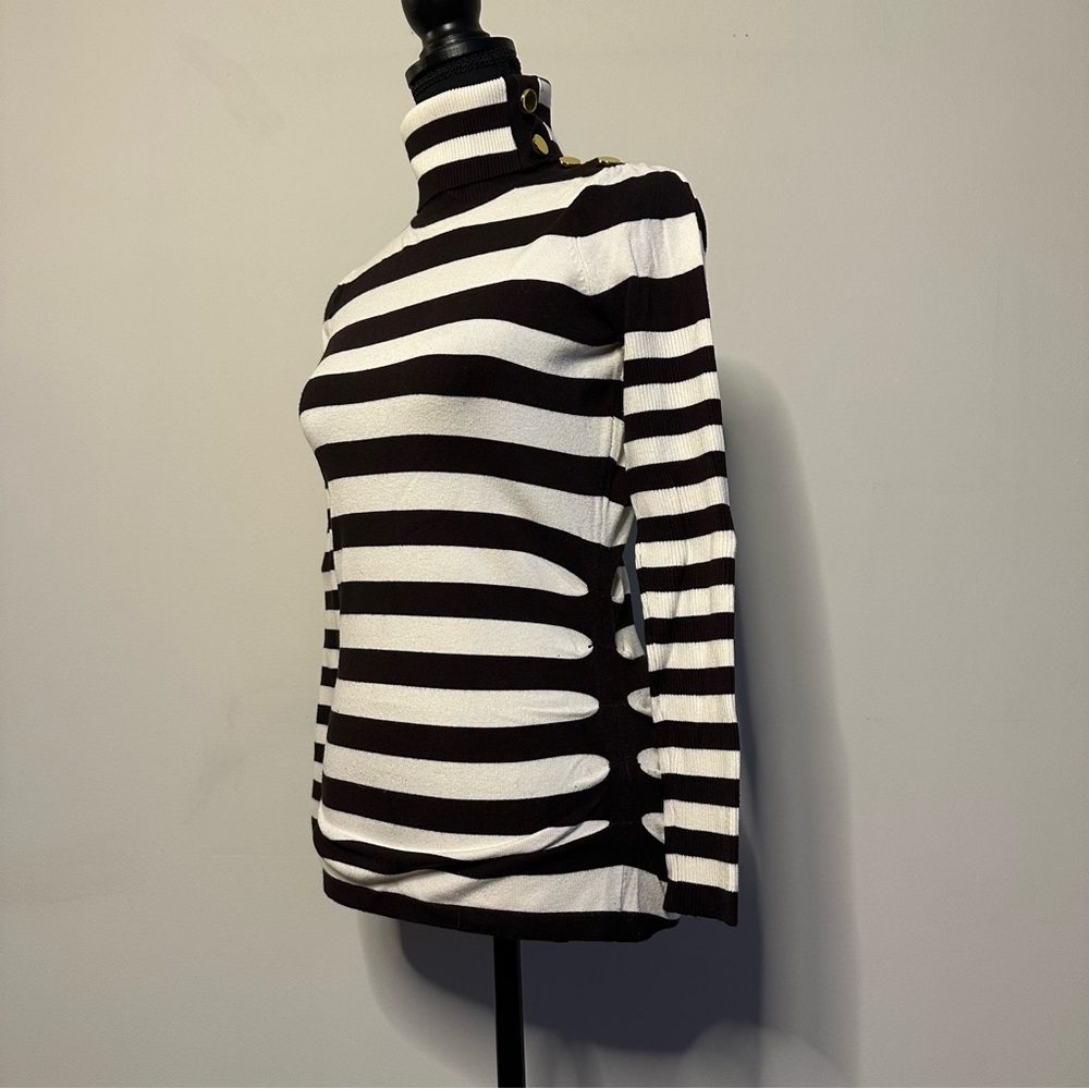 Cache Chocolate Brown & Ivory Striped Turtleneck Sweater Gold Buttons Size M - Picture 5 of 15
